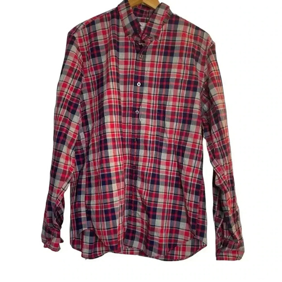 Tailored J Crew Men’s Quality Woven Shirt L Plaid Red Blue USA Patriotic Office - Picture 1 of 8
